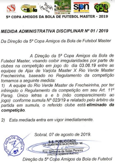 MEDIDA ADMINISTRATIVA DISCIPLINAR N°01/2019 - COPA AMIGOS DA BOLA DE FUTEBOL MASTER