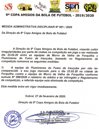 MEDIDA ADMINISTRATIVA DISCIPLINA N°01/2020 - 9ª COPA AMIGOS DA BOLA DE FUTEBOL